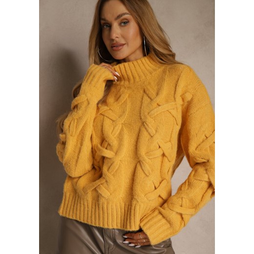 Żółty Golf z Dodatkiem Wełny ze Strukturalnym Splotem Fedansa - id: S3118-49-YELLOW - marki Renee - 187244762 Żółty Golf z Dodatkiem Wełny ze Strukturalnym Splotem Fedansa ze sklepu renee.pl w kategorii Swetry damskie - zdjęcie 187244762