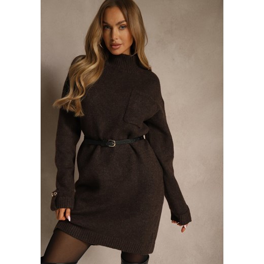 Brązowa Sukienka z Półgolfem z Dzianiny z Wiskozą i Dodatkiem Wełny Nessla - id: U-6518-54-BROWN - marki Renee - 187244792 Brązowa Sukienka z Półgolfem z Dzianiny z Wiskozą i Dodatkiem Wełny Nessla ze sklepu renee.pl w kategorii Sukienki - zdjęcie 187244792