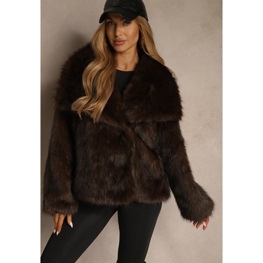 Brązowa Kurtka Futerko o Kroju Oversize z Szerokim Kołnierzem Reissa - id: LM7191-54-BROWN - marki Renee - 187244812 Brązowa Kurtka Futerko o Kroju Oversize z Szerokim Kołnierzem Reissa ze sklepu renee.pl w kategorii Futra damskie - zdjęcie 187244812