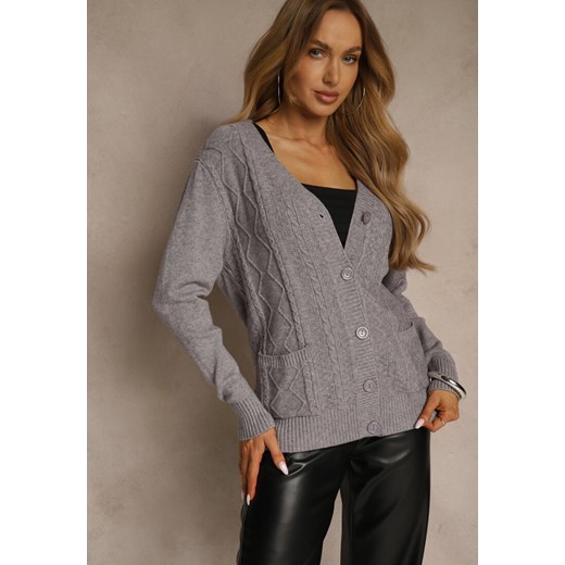 Szary Kardigan z Bawełną i Tłoczonym Wzorem Reisina - id: 3696-M-39-GREY - marki Renee - 187244842 Szary Kardigan z Bawełną i Tłoczonym Wzorem Reisina ze sklepu renee.pl w kategorii Swetry damskie - zdjęcie 187244842