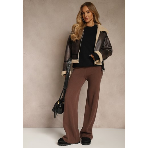 Brązowe Spodnie Wide Leg High Waist z Dodatkiem Kaszmiru Nevalla ze sklepu renee.pl w kategorii Spodnie damskie - zdjęcie 187244852