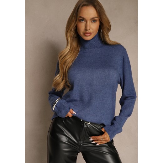 Niebieski Casualowy Golf z Bawełną i Wełną Reillisa - id: 3687-M-51-BLUE - marki Renee - 187244892 Niebieski Casualowy Golf z Bawełną i Wełną Reillisa ze sklepu renee.pl w kategorii Swetry damskie - zdjęcie 187244892