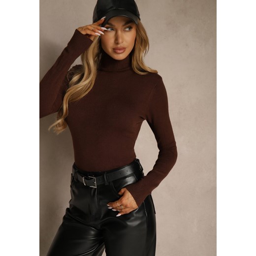 Brązowy Golf z Bawełną w Klasycznym Stylu Reiredia - id: 2206-S-448-COFFEE - marki Renee - 187244942 Brązowy Golf z Bawełną w Klasycznym Stylu Reiredia ze sklepu renee.pl w kategorii Swetry damskie - zdjęcie 187244942