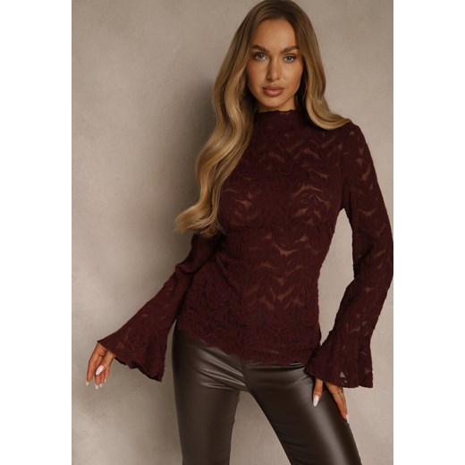 Bordowa Bluzka z Koronki ze Stójką i Falbankami przy Rękawach Nemira Renee M renee.pl