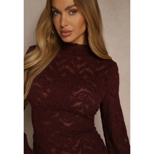 Bordowa Bluzka z Koronki ze Stójką i Falbankami przy Rękawach Nemira Renee M renee.pl