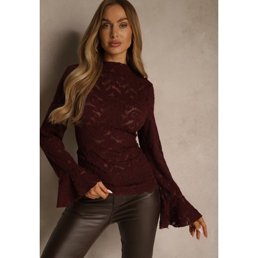 Bordowa Bluzka z Koronki ze Stójką i Falbankami przy Rękawach Nemira Renee M renee.pl