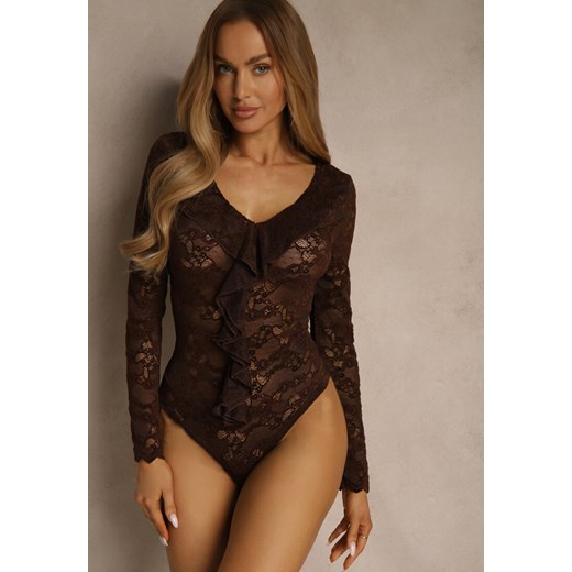 Brązowe Body z Koronki Ozdobione Falbanką Videle - id: E0538-54-BROWN - marki Renee - 187244963 Brązowe Body z Koronki Ozdobione Falbanką Videle ze sklepu renee.pl w kategorii Body damskie - zdjęcie 187244963