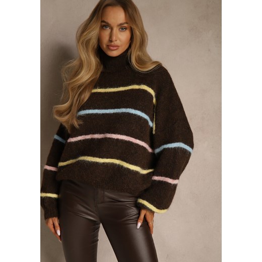 Brązowy Golf z Wełną w Paski Monallesa - id: 51197-54-BROWN - marki Renee - 187244971 Brązowy Golf z Wełną w Paski Monallesa ze sklepu renee.pl w kategorii Swetry damskie - zdjęcie 187244971