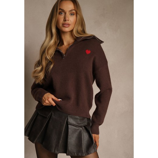 Brązowy Golf z Wełną Wiskozą i Bawełną z Sercem Monisella - id: LM0686-54-BROWN - marki Renee - 187245011 Brązowy Golf z Wełną Wiskozą i Bawełną z Sercem Monisella ze sklepu renee.pl w kategorii Swetry damskie - zdjęcie 187245011