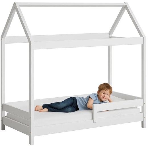 Białe łóżko parterowe domek z materacem K2-G74 ze sklepu Edinos.pl w kategorii Łóżka dziecięce - zdjęcie 187246293