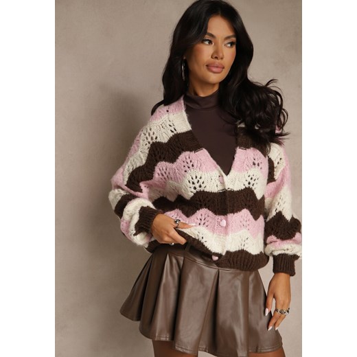Różowy Kardigan z Domieszką Wełny i Wiskozy o Ażurowym Splocie Esina - id: 31058-459-ROSE - marki Renee - 187246910 Różowy Kardigan z Domieszką Wełny i Wiskozy o Ażurowym Splocie Esina ze sklepu renee.pl w kategorii Swetry damskie - zdjęcie 187246910