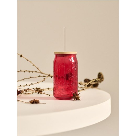 Sinsay - Szklany kubek z pokrywką i słomką z tłoczonym wzorem w śnieżynki - czerwony ze sklepu Sinsay w kategorii Kubki - zdjęcie 187247201