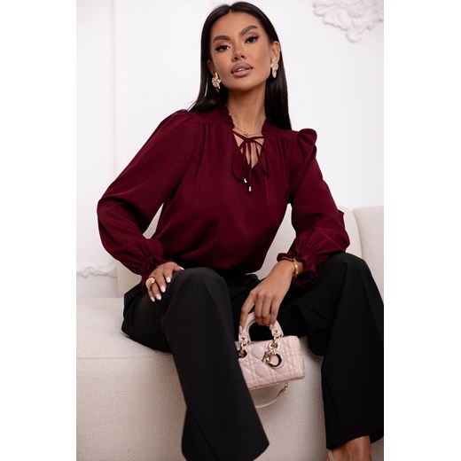 BLUZKA Z FALBANKĄ POD SZYJĄ I NA RĘKAWACH- BORDOWA Olika S/M olika.com.pl