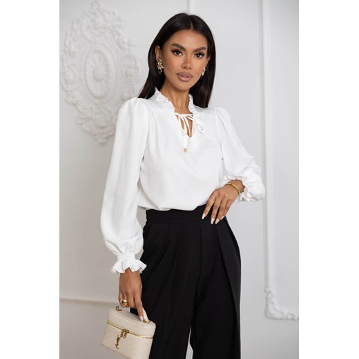 BLUZKA Z FALBANKĄ POD SZYJĄ I NA RĘKAWACH- ECRU - id: 20641 - marki Olika - 187249870 BLUZKA Z FALBANKĄ POD SZYJĄ I NA RĘKAWACH- ECRU ze sklepu olika.com.pl w kategorii Bluzki damskie - zdjęcie 187249870