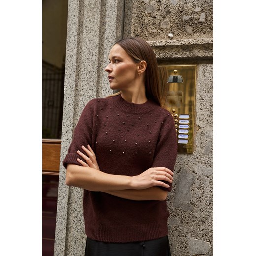 Sweter z krótkimi rękawami burgundowy - id: 32266 - marki Moodo.pl - 187250471 Sweter z krótkimi rękawami burgundowy ze sklepu Moodo.pl w kategorii Swetry damskie - zdjęcie 187250471