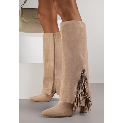 Ciemnobeżowe Kozaki na Słupku z Wywiniętą Cholewką z Frędzlami Linadela - id: 401697 - marki born2be - 187257821 Ciemnobeżowe Kozaki na Słupku z Wywiniętą Cholewką z Frędzlami Linadela ze sklepu born2be.pl w kategorii Kozaki damskie - zdjęcie 187257821