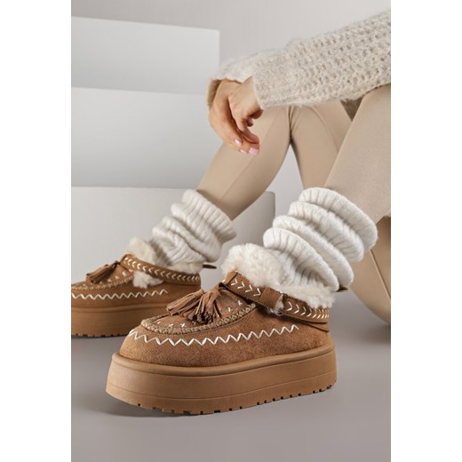 Brązowe Śniegowce na Grubej Podeszwie z Frędzlami i Haftem Linodis ze sklepu born2be.pl w kategorii Śniegowce damskie - zdjęcie 187257842