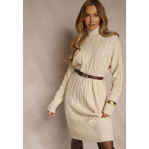 Jasnobeżowa Sukienka Sweterkowa z Golfem Wełną  Bawełną i Ozdobnym Splotem Reilenea ze sklepu renee.pl w kategorii Sukienki - zdjęcie 187257873