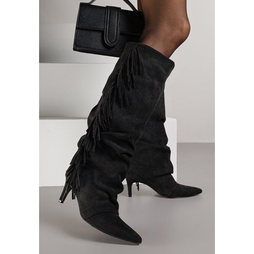 Czarne Kozaki z Imitacji Zamszu na Szpilce z Marszczoną Cholewką z Frędzlami Linotris ze sklepu renee.pl w kategorii Kozaki damskie - zdjęcie 187257890