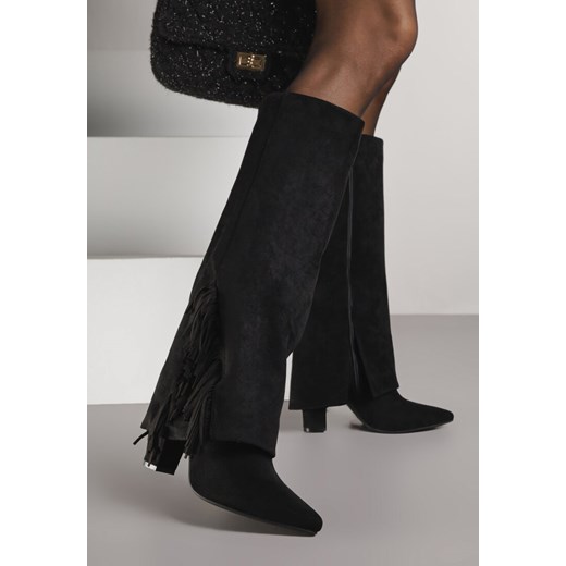 Czarne Kozaki na Słupkowym Obcasie z Cholewką Imitującą Nogawkę z Frędzlami Linafela ze sklepu renee.pl w kategorii Kozaki damskie - zdjęcie 187257910