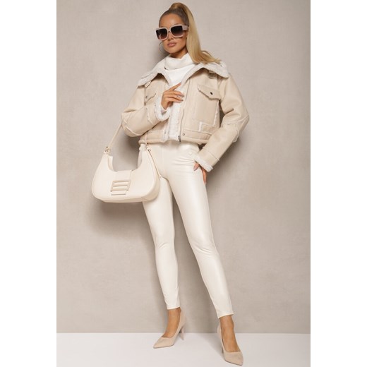 Białe Legginsy High Waist z Imitacji Skóry z Gumką w Pasie Ozdobione Guzikami Sinairis - id: 233-MIX5K-71-WHITE - marki Renee - 187260161 Białe Legginsy High Waist z Imitacji Skóry z Gumką w Pasie Ozdobione Guzikami Sinairis ze sklepu renee.pl w kategorii Spodnie damskie - zdjęcie 187260161