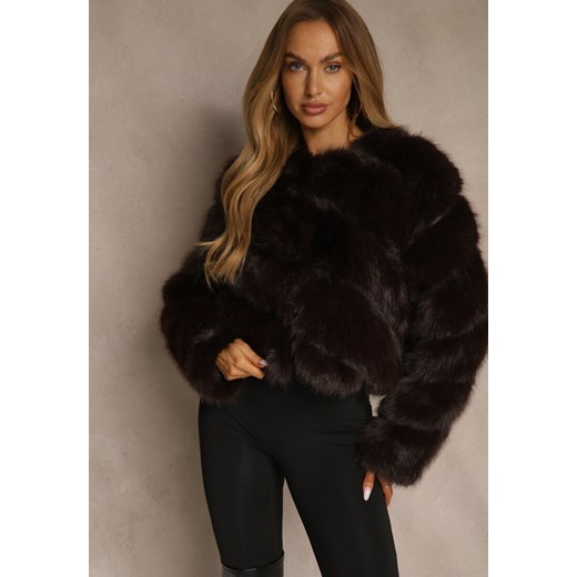 Brązowa Futrzana Kurtka o Krótkim Kroju Zapinana na Haftki Alorith ze sklepu renee.pl w kategorii Futra damskie - zdjęcie 187260181