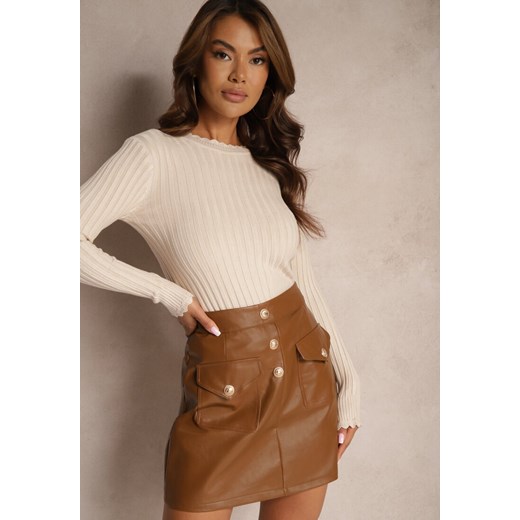 Beżowy Sweter z Dodatkiem Bawełny z Prążkowanego Materiału Mevalay - id: 3706-MIX7K-43-L.BEIGE - marki Renee - 187263323 Beżowy Sweter z Dodatkiem Bawełny z Prążkowanego Materiału Mevalay ze sklepu renee.pl w kategorii Swetry damskie - zdjęcie 187263323