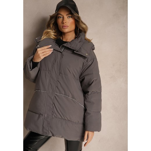 Ciemnoszara Kurtka Oversize z Pikowanymi Przeszyciami Kapturem Kieszeniami i Cyrkoniami Etairea ze sklepu renee.pl w kategorii Kurtki damskie - zdjęcie 187263334