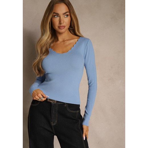 Niebieski Sweter o Taliowanym Kroju z Nieregularnym Dekoltem w V Fenalissa ze sklepu renee.pl w kategorii Swetry damskie - zdjęcie 187263344