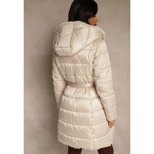 Beżowa Pikowana Kurtka z Nieodpinanym Kapturem o Długim Kroju z Paskiem Lidassea Renee 2XL renee.pl