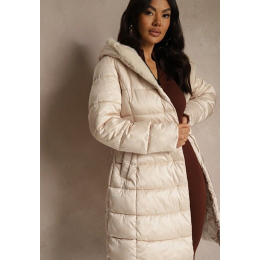 Beżowa Pikowana Kurtka z Nieodpinanym Kapturem o Długim Kroju z Paskiem Lidassea Renee M renee.pl
