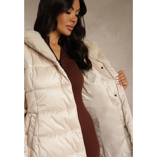 Beżowa Pikowana Kurtka z Nieodpinanym Kapturem o Długim Kroju z Paskiem Lidassea Renee XL renee.pl