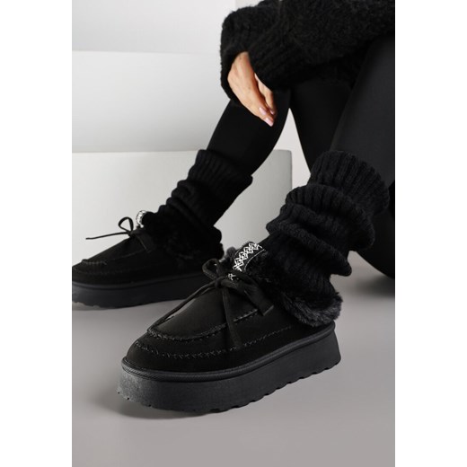 Czarne Rustykalne Śniegowce z Niską Cholewką Zdobione Futrem i Kokardą Tuspena - id: 25018-38-BLACK - marki Renee - 187264634 Czarne Rustykalne Śniegowce z Niską Cholewką Zdobione Futrem i Kokardą Tuspena ze sklepu renee.pl w kategorii Śniegowce damskie - zdjęcie 187264634