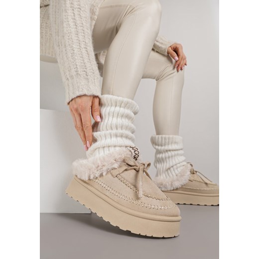 Beżowe Rustykalne Śniegowce z Niską Cholewką Zdobione Futrem i Kokardą Tuspena - id: 25018-42-BEIGE - marki Renee - 187264641 Beżowe Rustykalne Śniegowce z Niską Cholewką Zdobione Futrem i Kokardą Tuspena ze sklepu renee.pl w kategorii Śniegowce damskie - zdjęcie 187264641