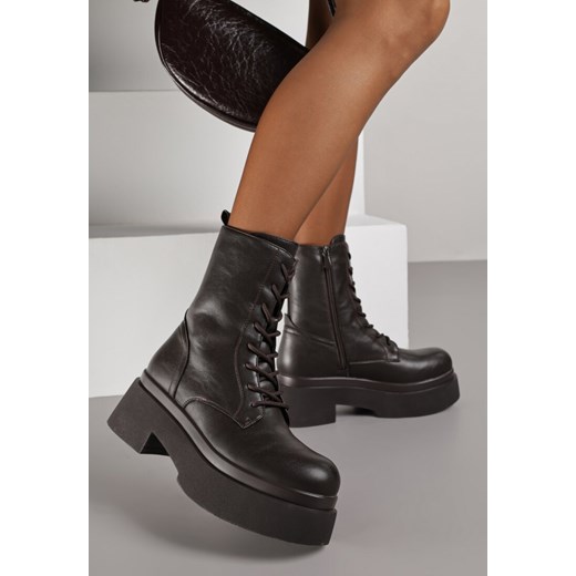 Brązowe Botki Workery na Platformie Tusella - id: MS1607-54-BROWN - marki Renee - 187264662 Brązowe Botki Workery na Platformie Tusella ze sklepu renee.pl w kategorii Botki - zdjęcie 187264662