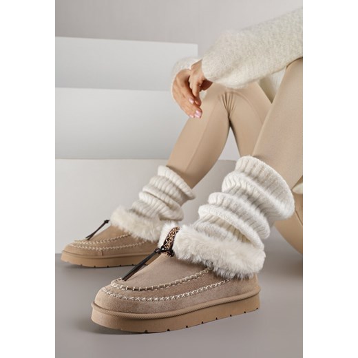 Ciemnobeżowe Śniegowce na Platformie Ozdobione Haftem i Futerkiem Linedis - id: LT409-85-KHAKI - marki Renee - 187264700 Ciemnobeżowe Śniegowce na Platformie Ozdobione Haftem i Futerkiem Linedis ze sklepu renee.pl w kategorii Śniegowce damskie - zdjęcie 187264700