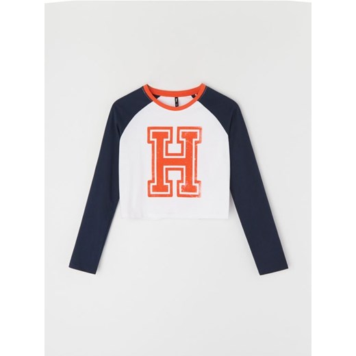 Sinsay - Crop top z długim rękawem raglanowym i nadrukiem - granatowy ze sklepu Sinsay w kategorii Bluzki damskie - zdjęcie 187266273