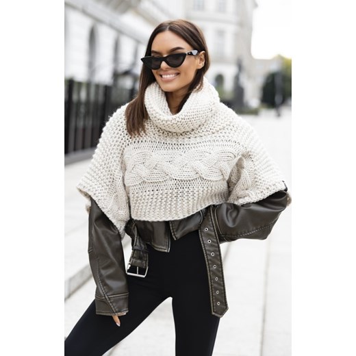 ponczo narzutka susan ze splotem polski producent j&k premium  - beżowe ze sklepu STYLOWO w kategorii Swetry damskie - zdjęcie 187270140