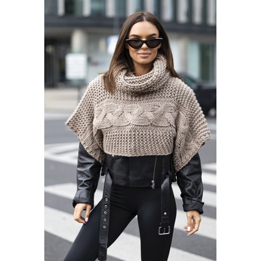 ponczo narzutka susan ze splotem polski producent j&k premium  - cappuccino - id: 9606 - marki J&k - 187270144 ponczo narzutka susan ze splotem polski producent j&k premium  - cappuccino ze sklepu STYLOWO w kategorii Swetry damskie - zdjęcie 187270144