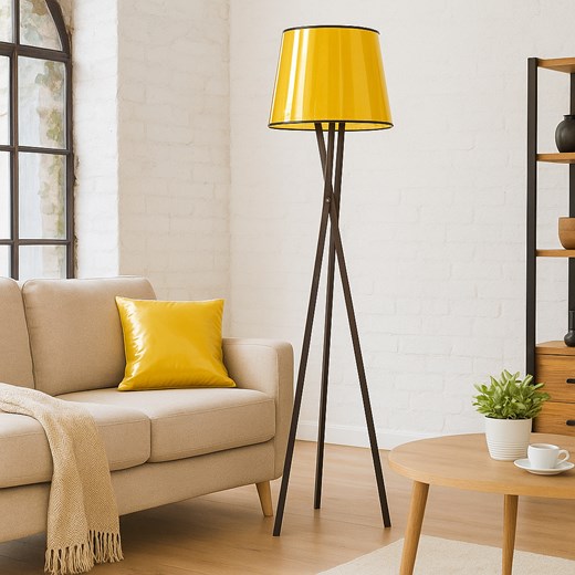 Drewniana lampa stojąca na trójnogu w stylu glamour ANDORA MIRROR ze złotym abażurem ze sklepu Lysne w kategorii Lampy podłogowe - zdjęcie 187270190