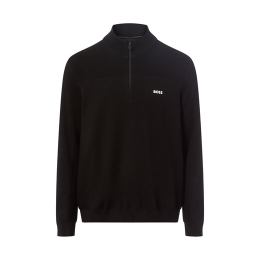 BOSS Green Męski sweter z dzianiny z wełną pierwotną - Momentum Mężczyźni Sztuczne włókno czarny jednolity ze sklepu vangraaf w kategorii Swetry męskie - zdjęcie 187273691