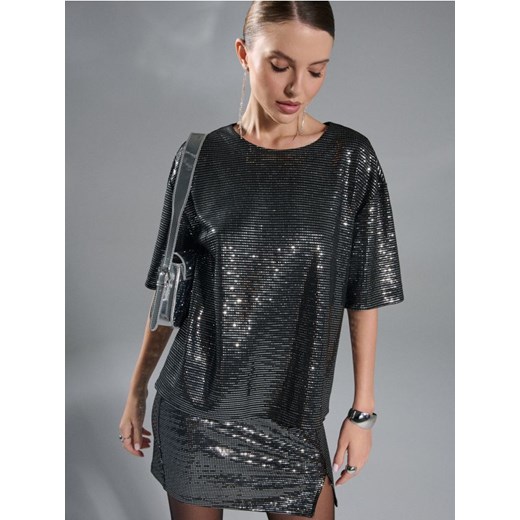 Sinsay - Koszulka z połyskującymi aplikacjami - srebrny ze sklepu Sinsay w kategorii Bluzki damskie - zdjęcie 187276343