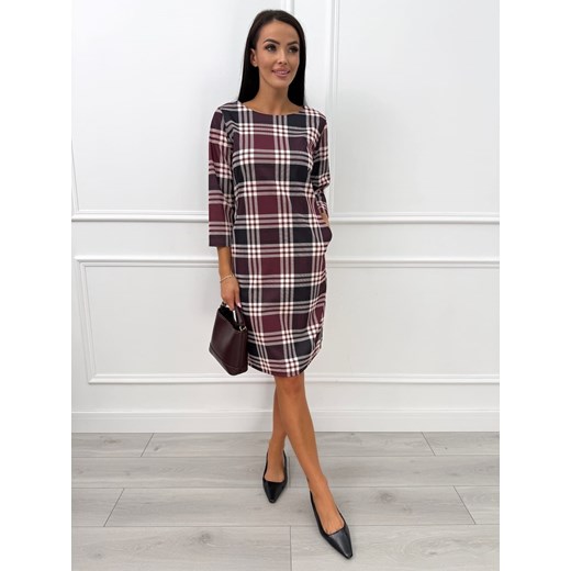 Bordowa Prosta Sukienka w Kratę ze sklepu ModnaKiecka.pl w kategorii Sukienki - zdjęcie 187276521