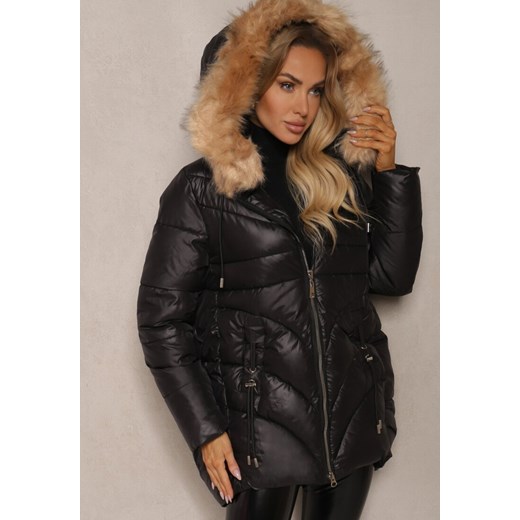Czarna Trapezowa Kurtka z Pikowanymi Przeszyciami i Kapturem z Odpinanym Futrem Deoiala ze sklepu renee.pl w kategorii Kurtki damskie - zdjęcie 187277184