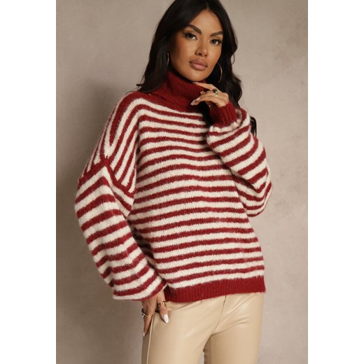 Bordowy Golf z Dodatkiem Wełny Ozdobiony Paskami Monarria - id: GAZZ-51196-65-BORDO - marki Renee - 187278263 Bordowy Golf z Dodatkiem Wełny Ozdobiony Paskami Monarria ze sklepu renee.pl w kategorii Swetry damskie - zdjęcie 187278263