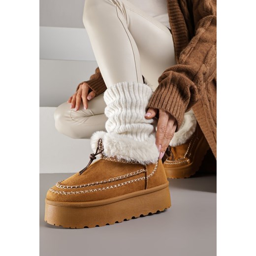Brązowe Śniegowce na Platformie Ozdobione Futerkiem i Przeszyciami Linerva ze sklepu renee.pl w kategorii Śniegowce damskie - zdjęcie 187278314