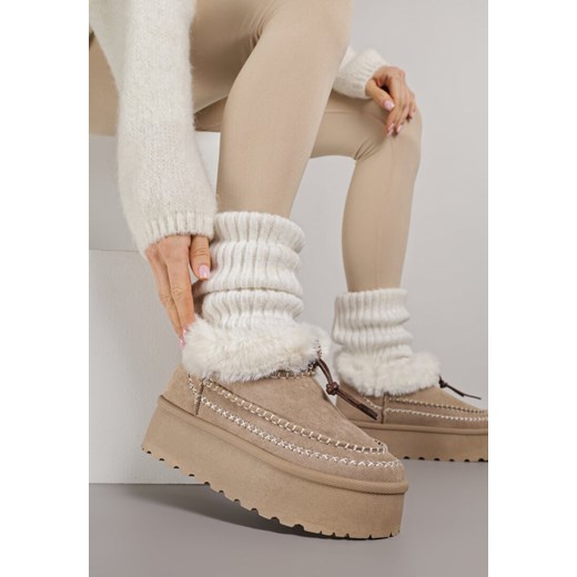 Ciemnobeżowe Śniegowce na Platformie Ozdobione Futerkiem i Przeszyciami Linerva - id: LT410-85-KHAKI - marki Renee - 187278321 Ciemnobeżowe Śniegowce na Platformie Ozdobione Futerkiem i Przeszyciami Linerva ze sklepu renee.pl w kategorii Śniegowce damskie - zdjęcie 187278321