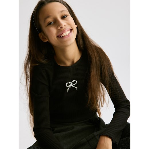 Reserved - Prążkowana koszulka z aplikacją - czarny - id: 381FT-99X - marki Reserved - 187278382 Reserved - Prążkowana koszulka z aplikacją - czarny ze sklepu Reserved w kategorii Bluzki dziewczęce - zdjęcie 187278382