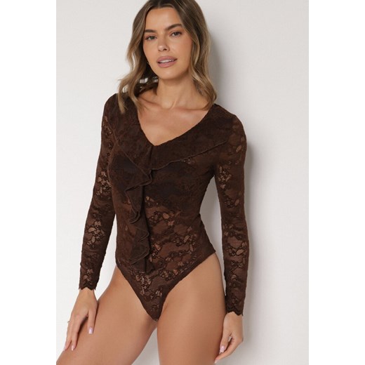 Brązowe Koronkowe Body z Falbanką Vidane ze sklepu born2be.pl w kategorii Body damskie - zdjęcie 187278633