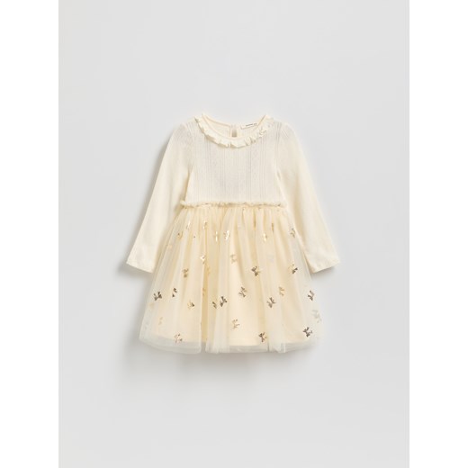 Reserved - Bawełniana sukienka z tiulowym dołem - kremowy ze sklepu Reserved w kategorii Sukienki dziewczęce - zdjęcie 187279730